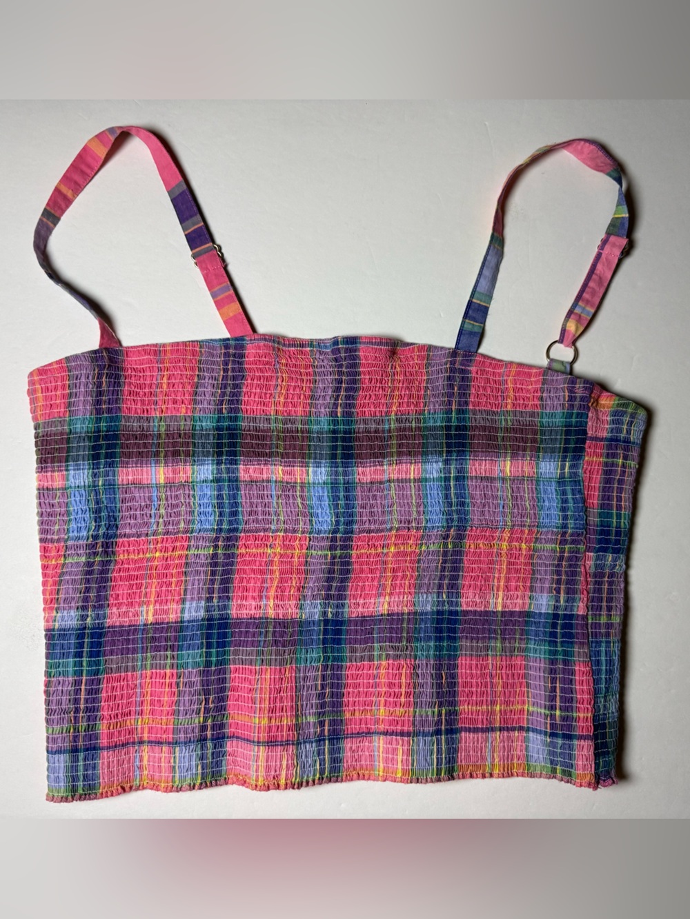 Nation Ltd Rumer Gathered Crop Cami Clueless Plaid Smocked Pima Cotton SZ XL